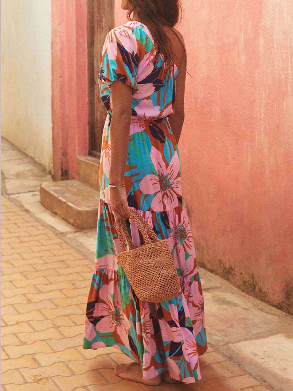 Vestido estampado de flores Off-shoulder Palm