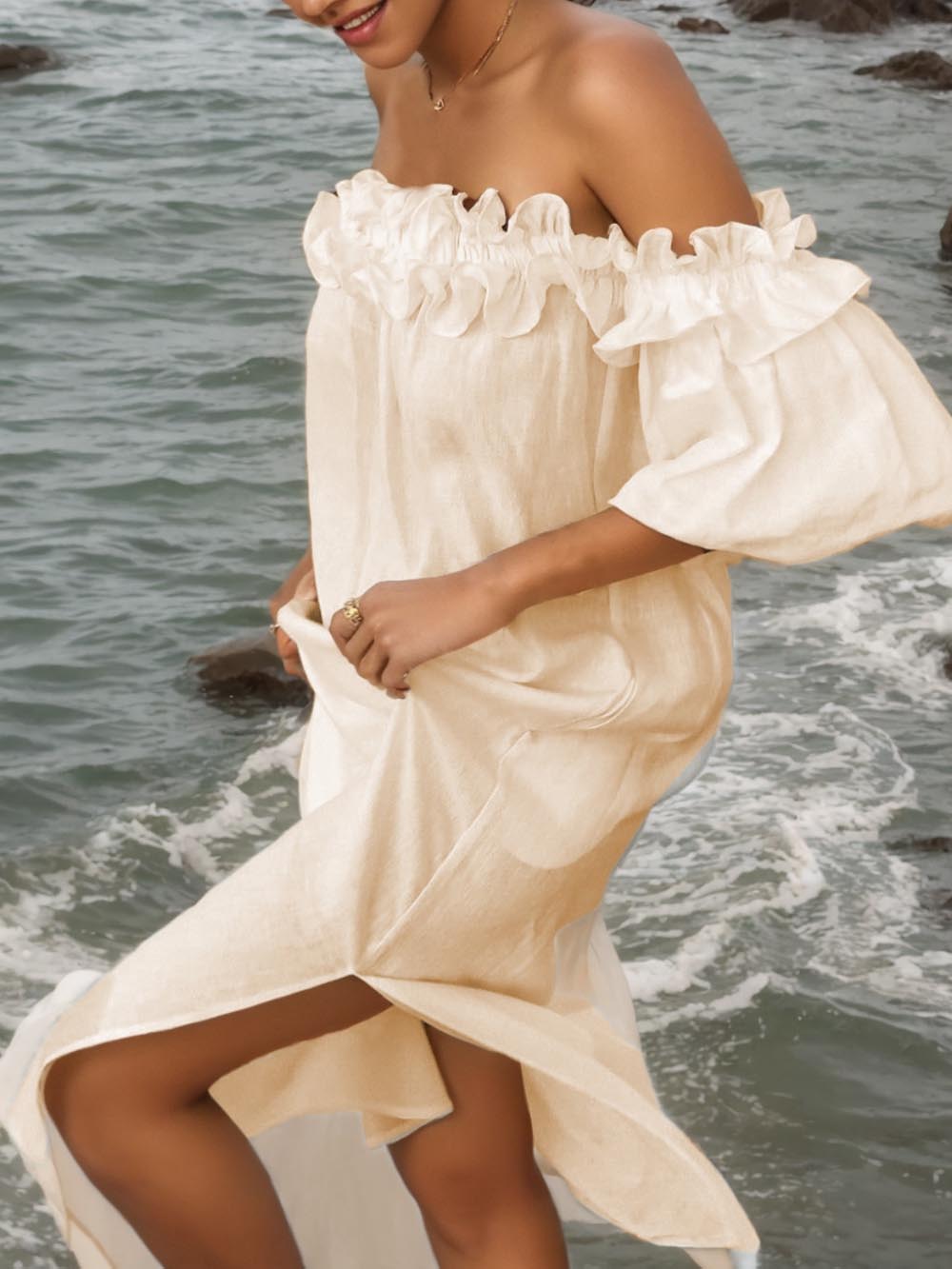 Vestido midi con hombros descubiertos con mangas abullonadas Ruffle