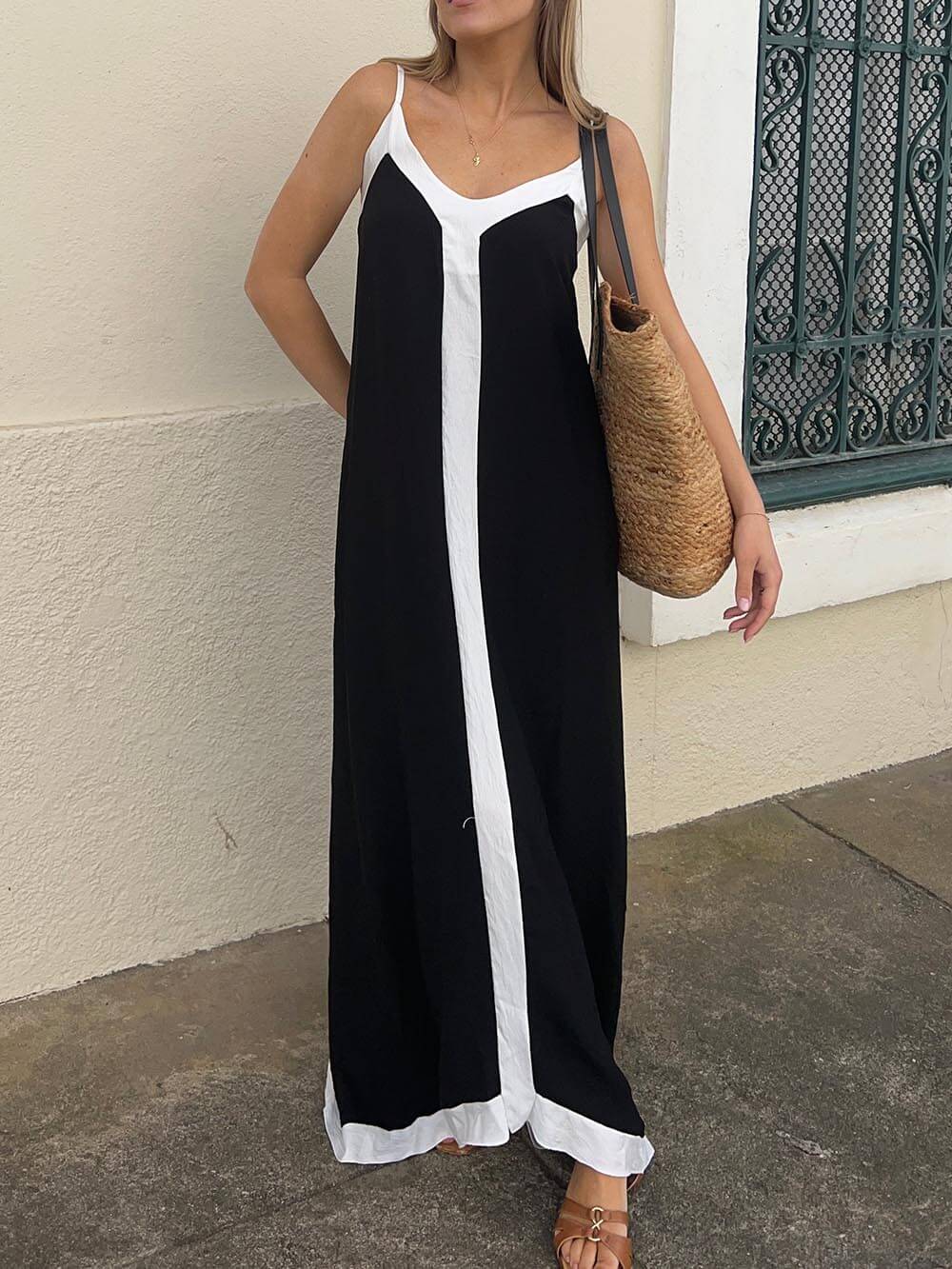 Vestido midi Suspender Colorblock