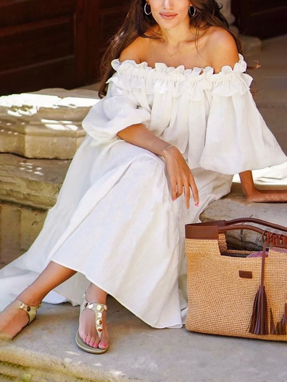Vestido midi con hombros descubiertos con mangas abullonadas Ruffle