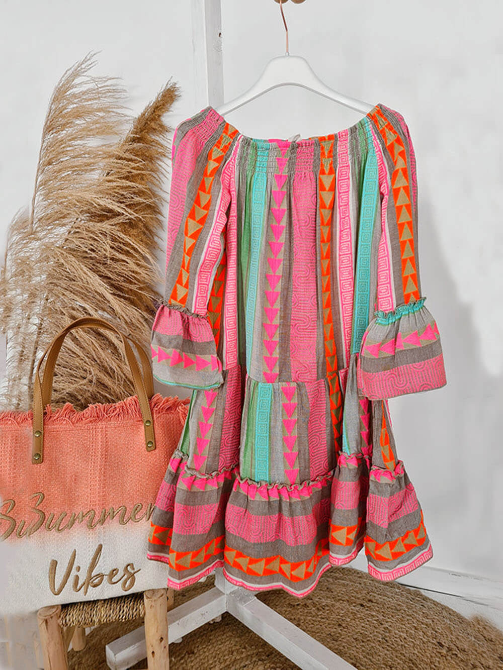 Vestido corto estampado de lino con hombros descubiertos Ethnic