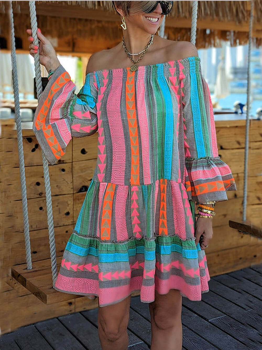 Vestido corto estampado de lino con hombros descubiertos Ethnic