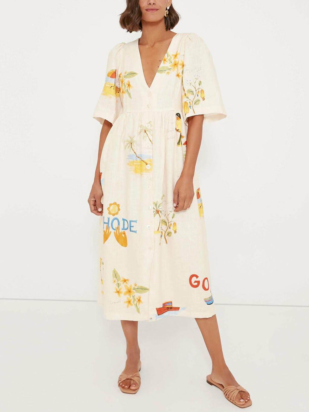 Vestido midi estampado de flores con mangas abullonadas Folk