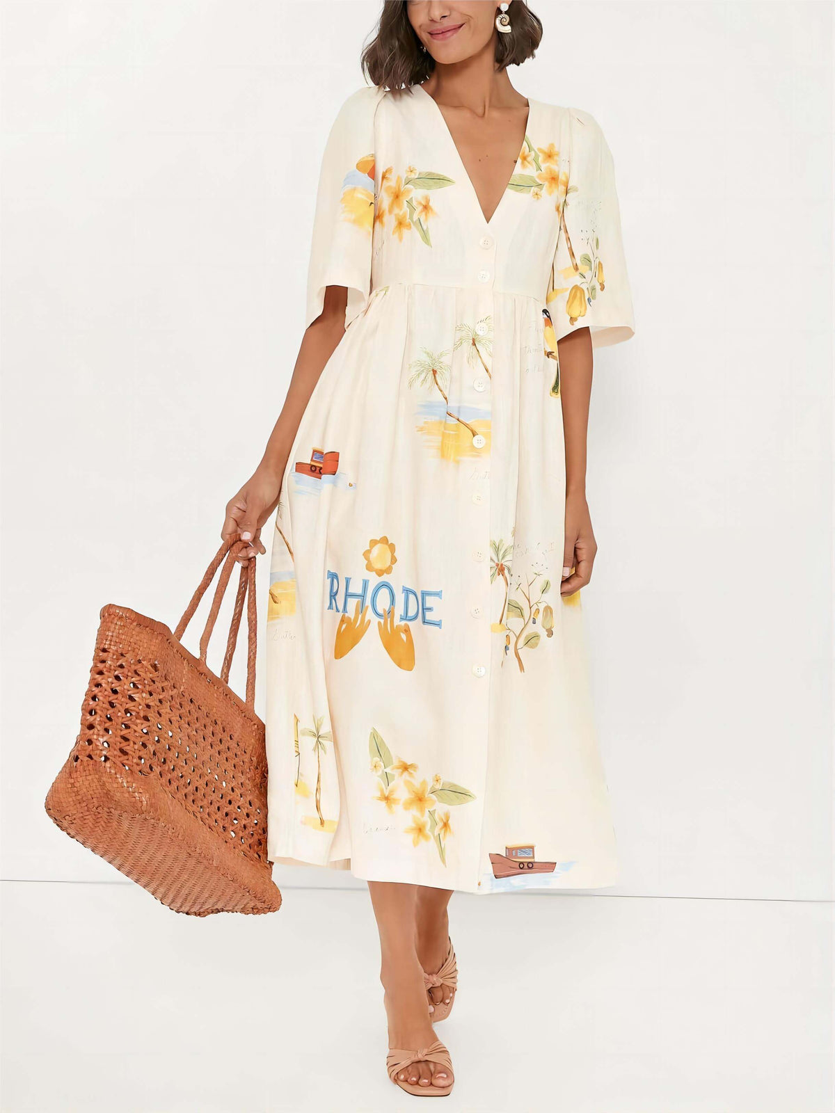 Vestido midi estampado de flores con mangas abullonadas Folk